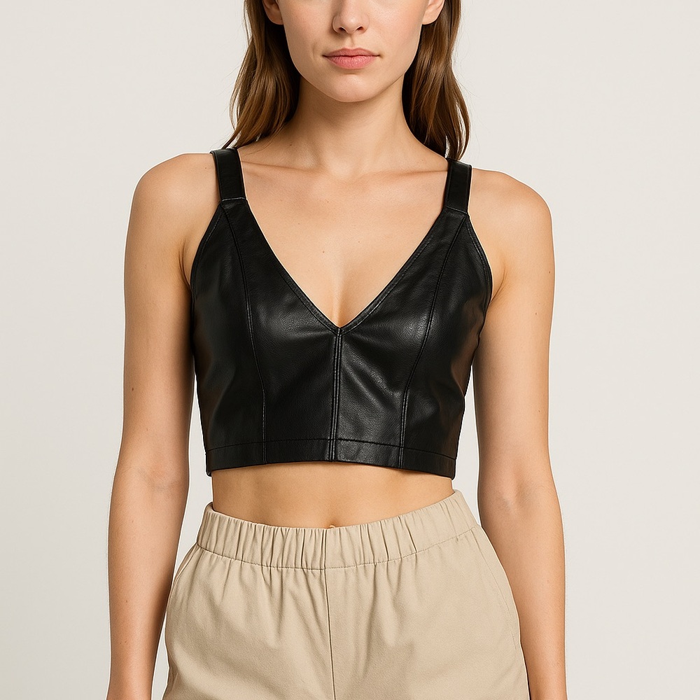 ZARA Faux Leather Crop Top Black‎ Women’s Medium | Edgy Sleeveless Tank
